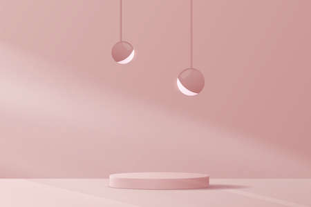 Cosmetic pink background minimal and premium podium display for product presentation branding and presentation. empty scene with spherical lights. studio stage with shadow. vector design.のイラスト素材