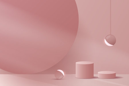 Cosmetic pink background minimal and premium podium display for product presentation branding and presentation. empty scene with spherical lights. studio stage with shadow. vector design.のイラスト素材