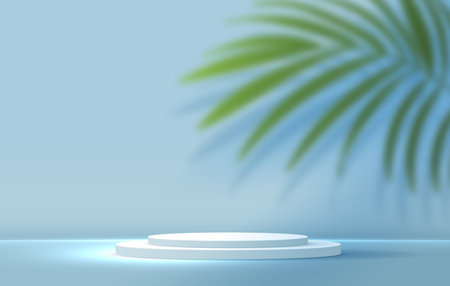 Cosmetic light blue background minimal and premium podium display for product presentation branding and packaging presentation. studio stage with shadow of leaf background. 3D illustration design.の写真素材