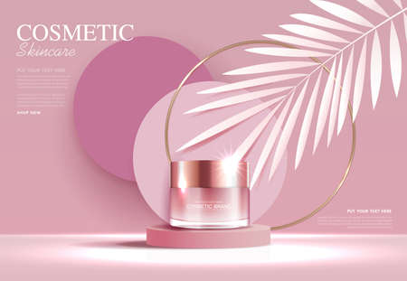 Cosmetics or skin care product ads with bottle, banner ad for beauty products , pink and leaf background glittering light effect. vector design.のイラスト素材