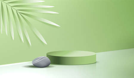 Cosmetic spa on green background and premium podium display for product presentation branding and packaging . studio stage with leaf and stone. vector design.のイラスト素材