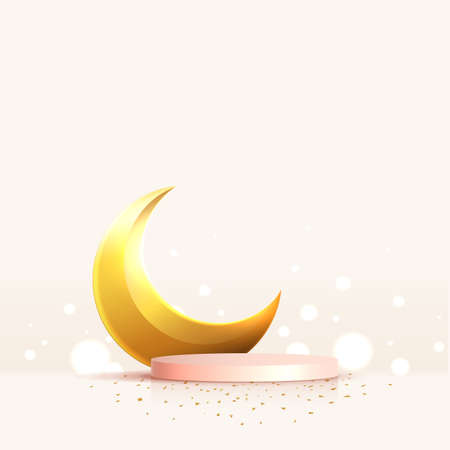 Islam theme product or cosmetic display purple background. mosque portal frame with podium and blank space. studio stage with golden crescent moon. vector design.のイラスト素材