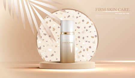 Cosmetics or skin care product ads with bottle, banner ad for beauty products , brown and leaf background glittering light effect. vector design.のイラスト素材