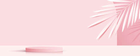 Cosmetic on pink background and premium podium display for product presentation branding and packaging . studio stage with shadow of leaf background. vector design.のイラスト素材