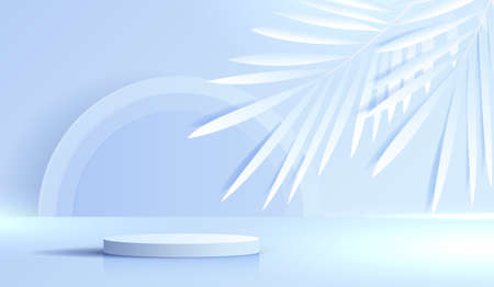 Cosmetic blue background and premium podium display for product presentation branding and packaging . studio stage with shadow of leaf background. vector design.のイラスト素材