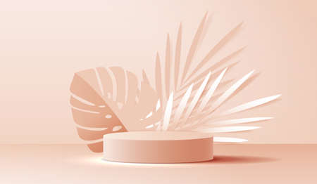Cosmetic on brown background and premium podium display for product presentation branding and packaging . studio stage with shadow of leaf background. vector design.のイラスト素材