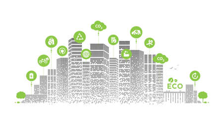 Eco technology or environmental concept modern green city. Eco-friendly urban lifestyle with icons over the network connection. vector design.のイラスト素材