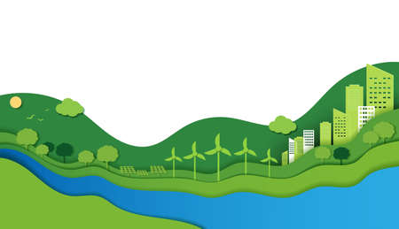 Paper cut of ecology and environment conservation creative idea concept. green eco urban city, nature and world. vector design.のイラスト素材