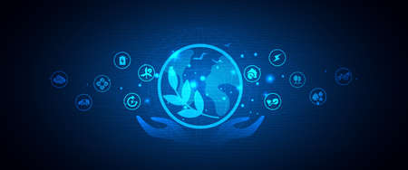 Eco technology or environmental technology hand holding with environment Icons over the Network connection. vector design.のイラスト素材