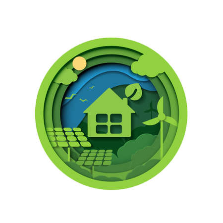 Paper cut of ecology and environment conservation creative idea concept. green eco urban city, nature and world. vector design.のイラスト素材