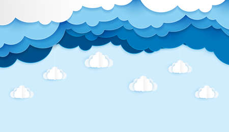 Beautiful fluffy blue clouds paper cut art style.  Place for text. vector design.のイラスト素材