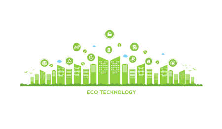 Eco technology or environmental concept modern green city and plant leaf growing inside.  Eco-friendly urban lifestyle with icons over the network connection. vector design.のイラスト素材
