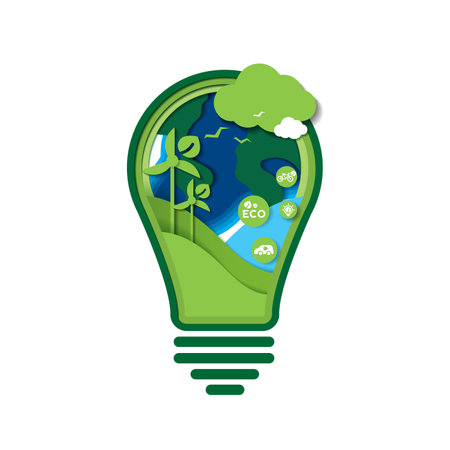 Paper art of green ecology technology and nature concept. save energy creative idea concept. light bulb with nature and environment conservation. vector design.のイラスト素材