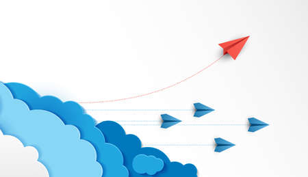 Paper plane are competition to destination up to the clouds and sky go to success goal. financial concept. leadership. creative idea. nature landscape and concept of business by paper art. vector.のイラスト素材