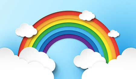 Paper rainbow colours rainbow are red, orange, yellow, green, blue, indigo and violet with clouds on white background. vector design.のイラスト素材