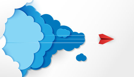 Paper plane are competition to destination up to the clouds and sky go to success goal. financial concept. leadership. creative idea. nature landscape and concept of business by paper art. vector.のイラスト素材