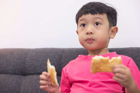 Smiling little boy eating bread and watch TV on comfortable sofa in the living room. Enjoying playing game on digital smart television. Happy small kid using yummy dessert.の写真素材