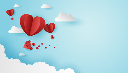Paper art of love and valentine day with paper heart balloon and gift box float on the blue sky. can be used for Wallpaper, invitation, posters, banners. Vector design.のイラスト素材