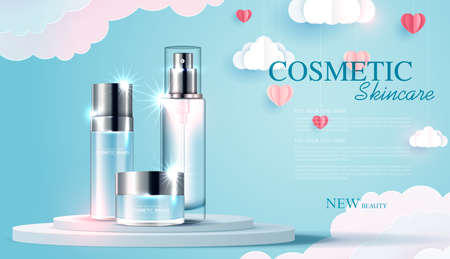 Cosmetics or skin care product ads with bottle, banner ad for beauty products with paper art of love and valentine day with paper heart and cloud. vector design.のイラスト素材