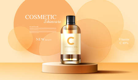 Cosmetics Vitamin C or skin care product ads with bottle, banner ad for beauty products and sky background glittering light effect. vector design.のイラスト素材