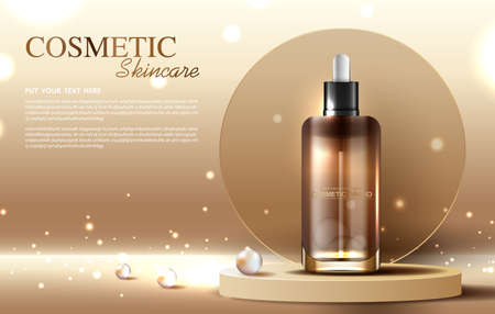 Cosmetics or skin care product ads with bottle, banner ad for beauty products, leaf and pearl background glittering light effect. vector design.のイラスト素材