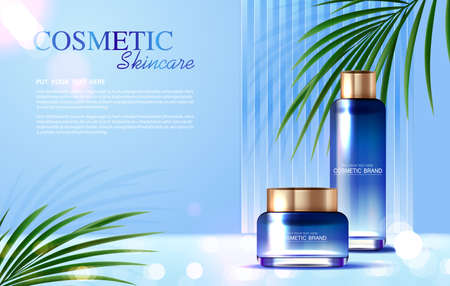 Cosmetics or skin care product ads with bottle, banner ad for beauty products and leaf background glittering light effect. vector design.のイラスト素材