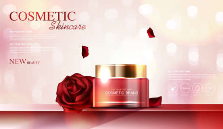 Cosmetic essence or skin care product or mock up lotion bottle, banner ad for beauty products, rose petals in elegant background and glittering light effect. vector design.のイラスト素材