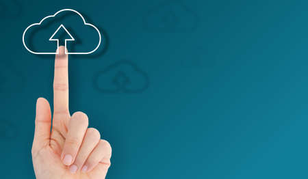 Cloud uploading concept on phone screen. woman hand upload from mobile phone to store data on...