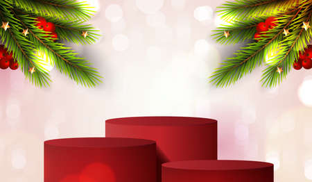 Merry Christmas is geometry podium shape for show cosmetic product display. stage pedestal or platform. winter christmas red background with tree xmas for promotion product. vector design.のイラスト素材