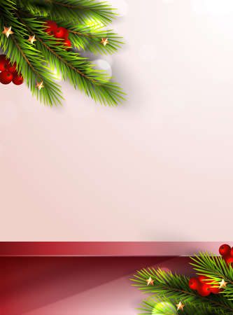 Merry Christmas is geometry podium shape for show cosmetic product display. stage pedestal or platform. winter christmas red background with tree xmas for promotion product. vector design.のイラスト素材