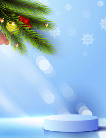 Merry Christmas is geometry podium shape for show cosmetic product display. stage pedestal or platform. winter christmas blue background with tree xmas for promotion product. vector design.のイラスト素材