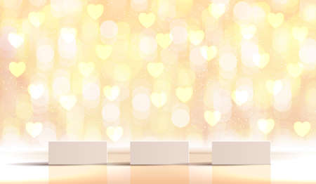Happy valentines day and stage podium decorated with heart shape lighting. pedestal scene with for product, cosmetic, advertising, show, award ceremony, on gold background. vector design.のイラスト素材
