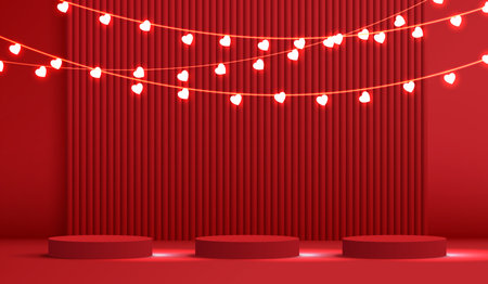 Happy valentines day and stage podium decorated with heart shape lighting. pedestal scene with for product, cosmetic, advertising, show, award ceremony, on red background. vector design.のイラスト素材