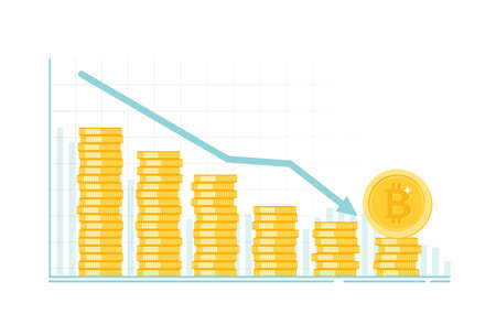 Bitcoin business going down. Bitcoin on red graph. Bitcoin crashing background with red backdrop and decreasing graphs. vector design.のイラスト素材