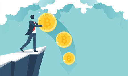Bitcoin business - Businessman holding down rate of bitcoin. bitcoin price collapse, crypto currency  fall down causing investor huge loss concept. vector design.のイラスト素材