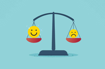Emotional intelligence, balance emotion control feeling between work stressed or sadness and happy lifestyle concept. weight scale with emotional. vector design.のイラスト素材