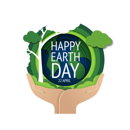 Happy earth day. "Earth Day, 22 April" with the globe, world map and hands for saving environment, save clean green planet, ecology concept. card for world earth day. vector design.のイラスト素材