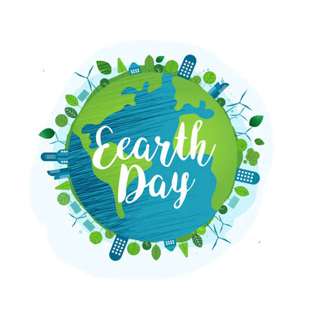 Happy earth day. "Earth Day, 22 April" with the globe and world map for saving environment, save clean green planet, ecology concept. card for world earth day. vector design.のイラスト素材