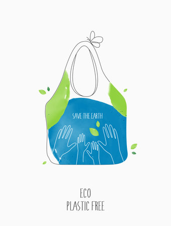 Plastic free ecological. NO to plastic and polyethylene bags with green sprout and leaves. environment earth day on nature field grass forest conservation concept. vector design.のイラスト素材