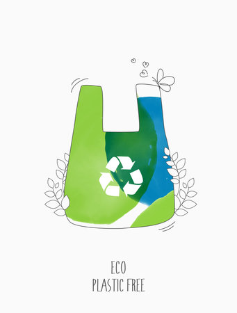 Plastic free ecological. NO to plastic and polyethylene bags with green sprout and leaves. environment earth day on nature field grass forest conservation concept. vector design.のイラスト素材
