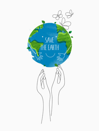 Environmentally friendly concept. eco with the globe, world map and hands for saving environment, save clean green planet, ecology concept. card for world earth day.  vector design.のイラスト素材