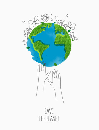 Environmentally friendly concept. eco with the globe, world map and hands for saving environment, save clean green planet, ecology concept. card for world earth day.  vector design.のイラスト素材