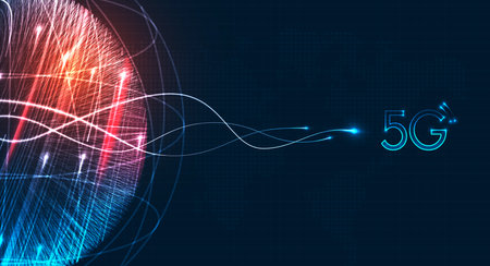5G network digital hologram and internet Wifi connection and internet of things with modern city...