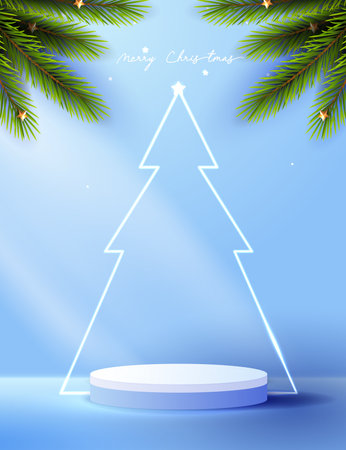 Podium shape for show cosmetic product display for Christmas day or New Years. Stand product showcase on red background with tree christmas. vector design.のイラスト素材