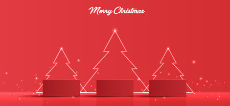 Podium shape for show cosmetic product display for Christmas day or New Years. Stand product showcase on red background with tree christmas. vector design.のイラスト素材