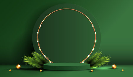 Podium shape for show cosmetic product display for Christmas day or New Years. Stand product showcase on green background with tree christmas. vector design.のイラスト素材