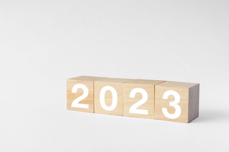 2023 business growing growth concept to success. woods block step with icon concept about business strategy, Action plan, Goal and target, hand stack, project, vision.の写真素材