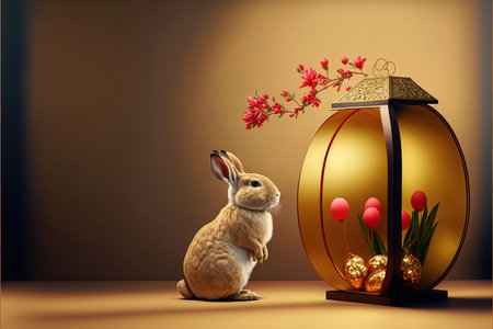 Easter background with golden egg holder and cute bunny. 3d renderingの写真素材