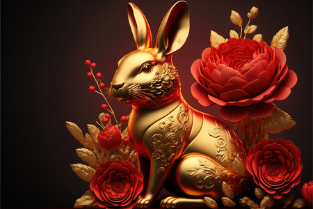 3d render of golden rabbit with red rose flowers on black backgroundの写真素材