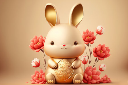 3d rendering of a cute easter bunny with flowers on backgroundの写真素材
